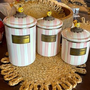Mackenzie Childs vintage THREE Canisters. Blush Pink and Cream Stripes